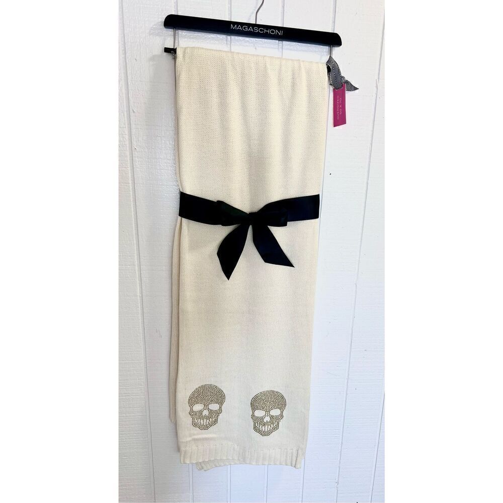 NWT MAGASCHONI Oversized Cream Knit Throw With 6 Rhinestone Skeleton Skulls